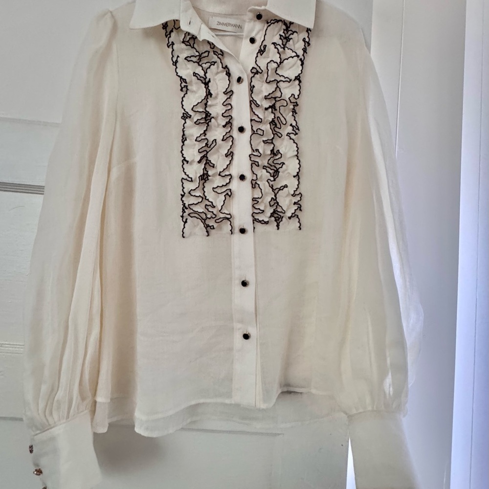 Zimmermann Cream Ruffle Front Button-Down Shirt with Black Trim